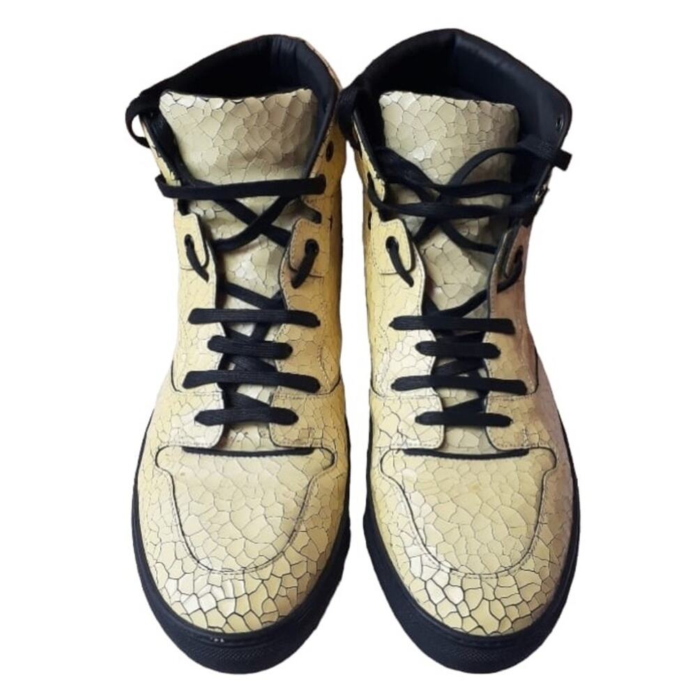 Balenciaga Off White Cracked Leather Lace Up High-Top Sneakers Size 43 / US: 10